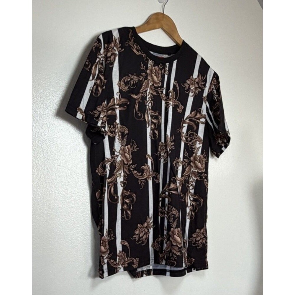 Guess Baroque Floral Striped T-Shirt Black Brown Size Large - Picture 6 of 10